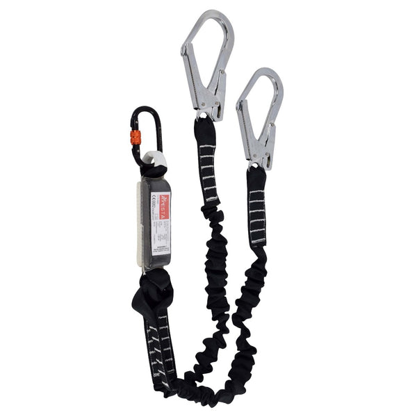 ARESTA TWIN SCAFF - Elasticated Webbing Lanyard with 2 Scaffold Hooks, Carabiner & Shock Absorber