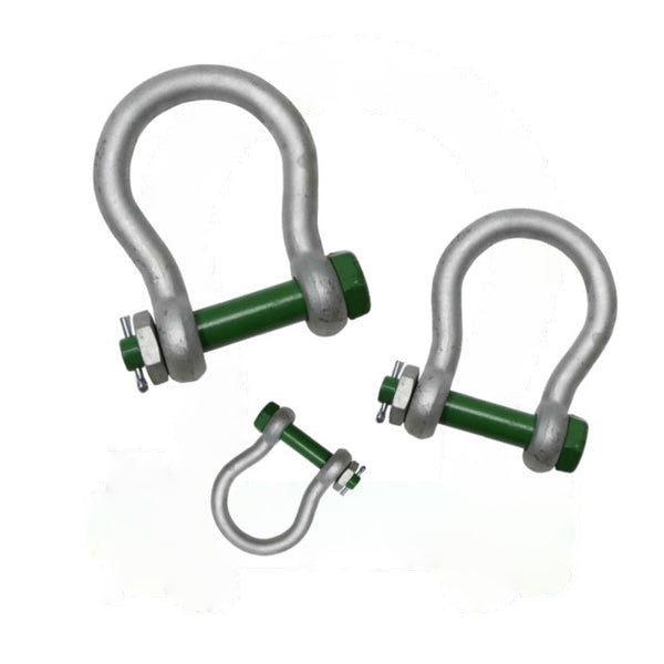 Green pin wide mouth bow shackle with safety pin