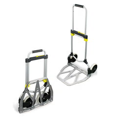 A lightweight aluminium sack truck with a large toe plate (485 x 385mm) and carrying capacity of 100kg.  telescopic handle and folding footplate. 1500mm long elasticated retaining strap supplied. durable aluminium frame. occupies very little space when folded/collapsed. fitted with rubber cushion wheels.  